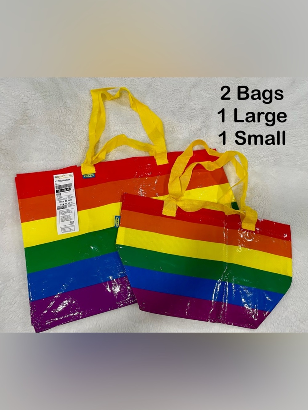 IKEA Rainbow STRORSTOMMA Reusable Tote Bags with Yellow Handles, Brand New
